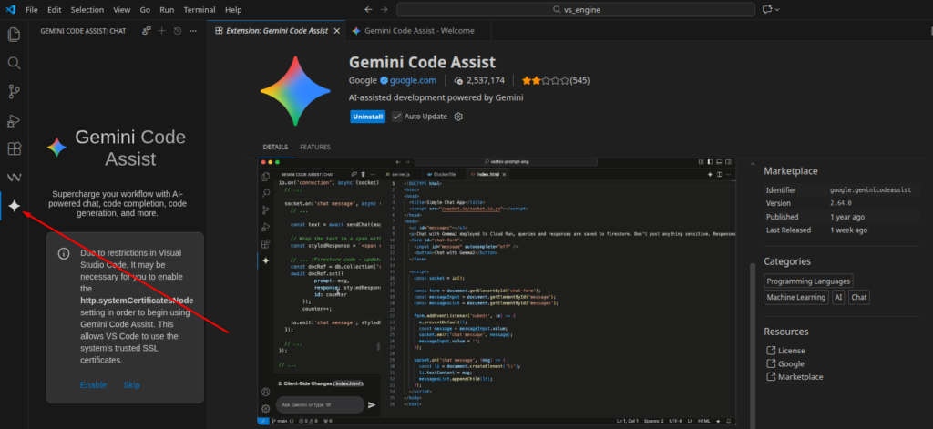 Star button for Gemini Code Assist in VS Code.