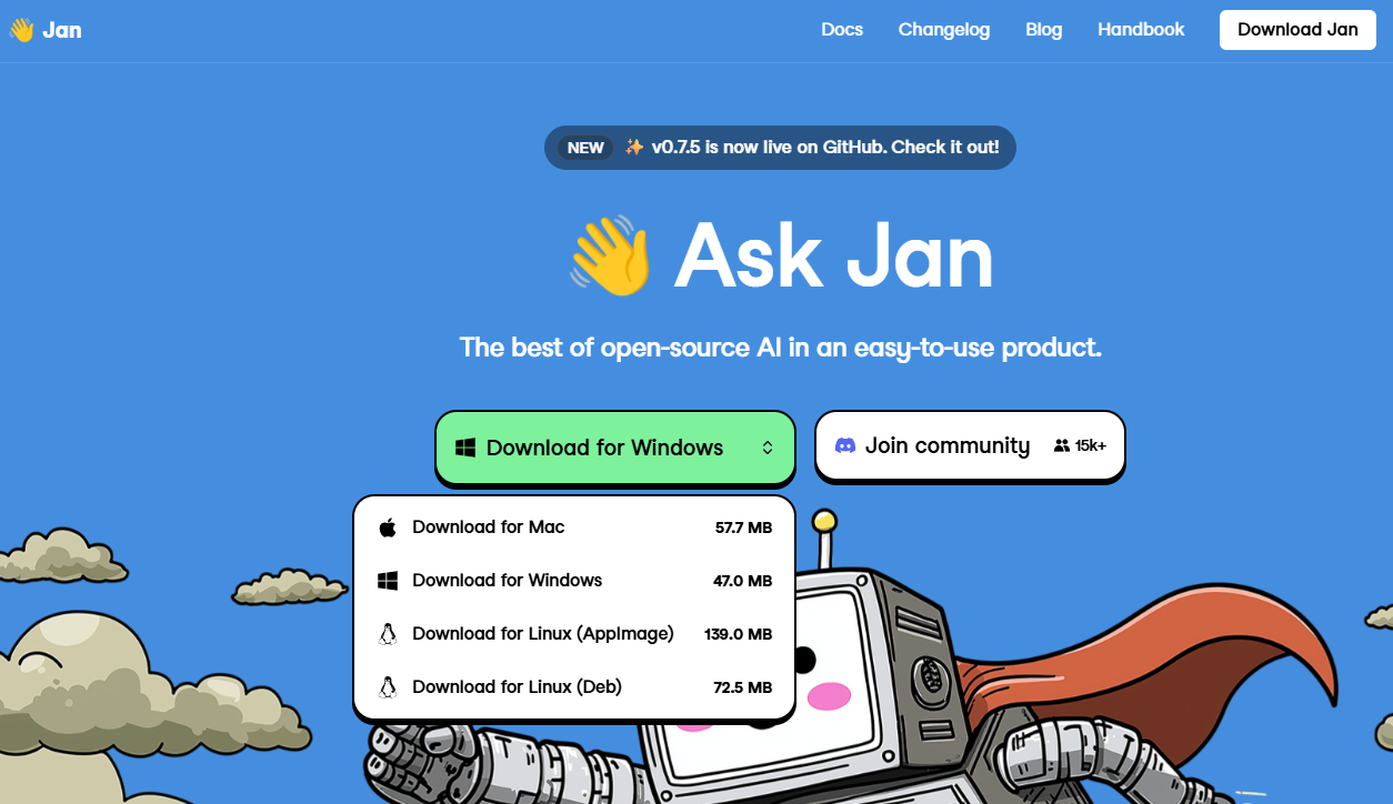 Home page of the jan.ai website.